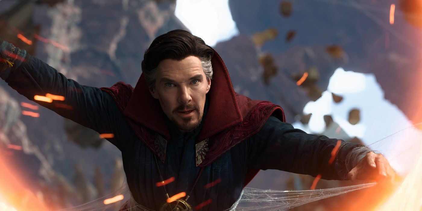 Doctor Strange looks through a sling ring portal while suspended by Spider-Man's webbing in SpiderMan no way home