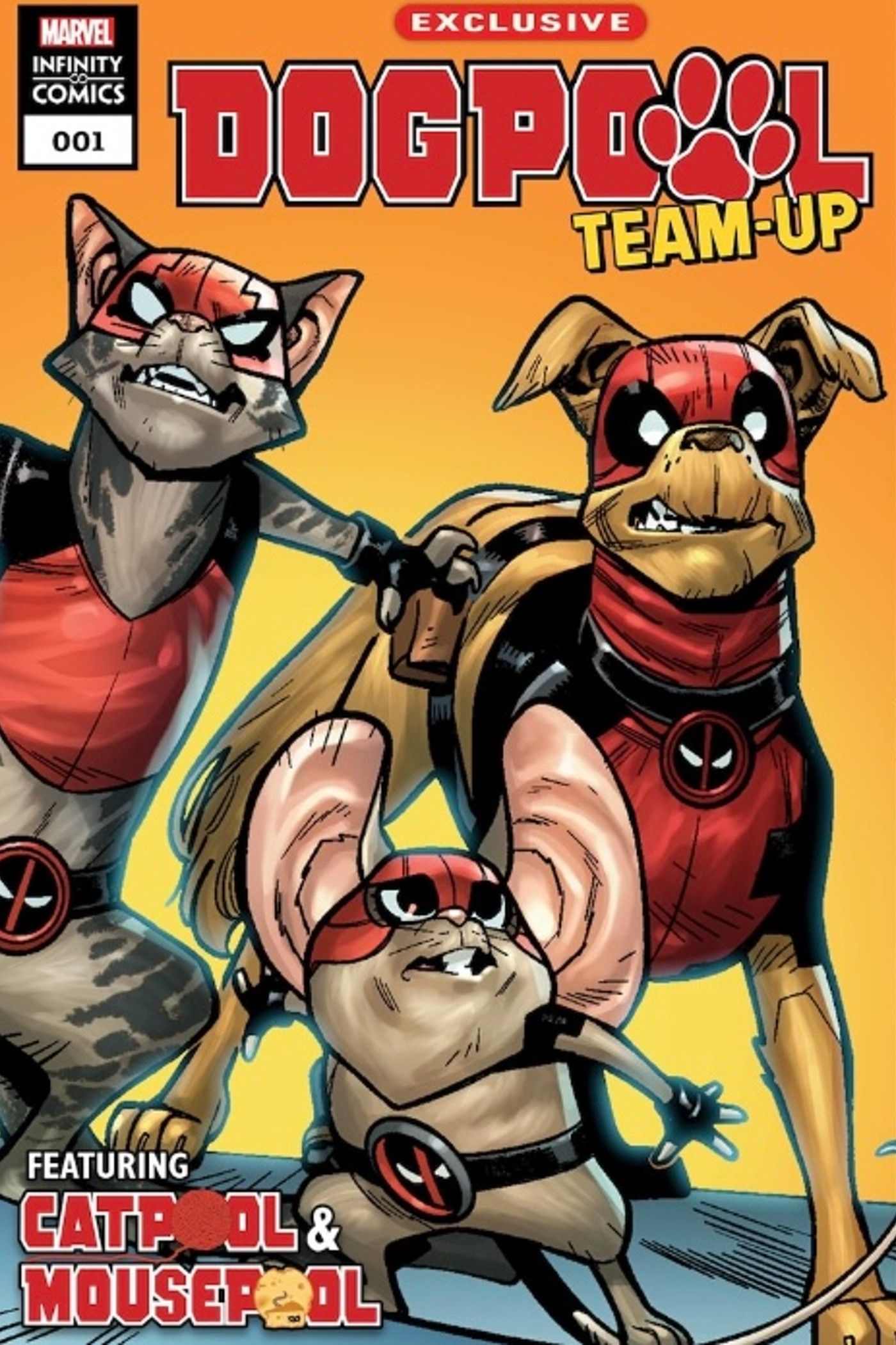 Dogpool, Mousepool e Catpool estão juntos, prontos para a ação na capa do Dogpool Team-Up. 