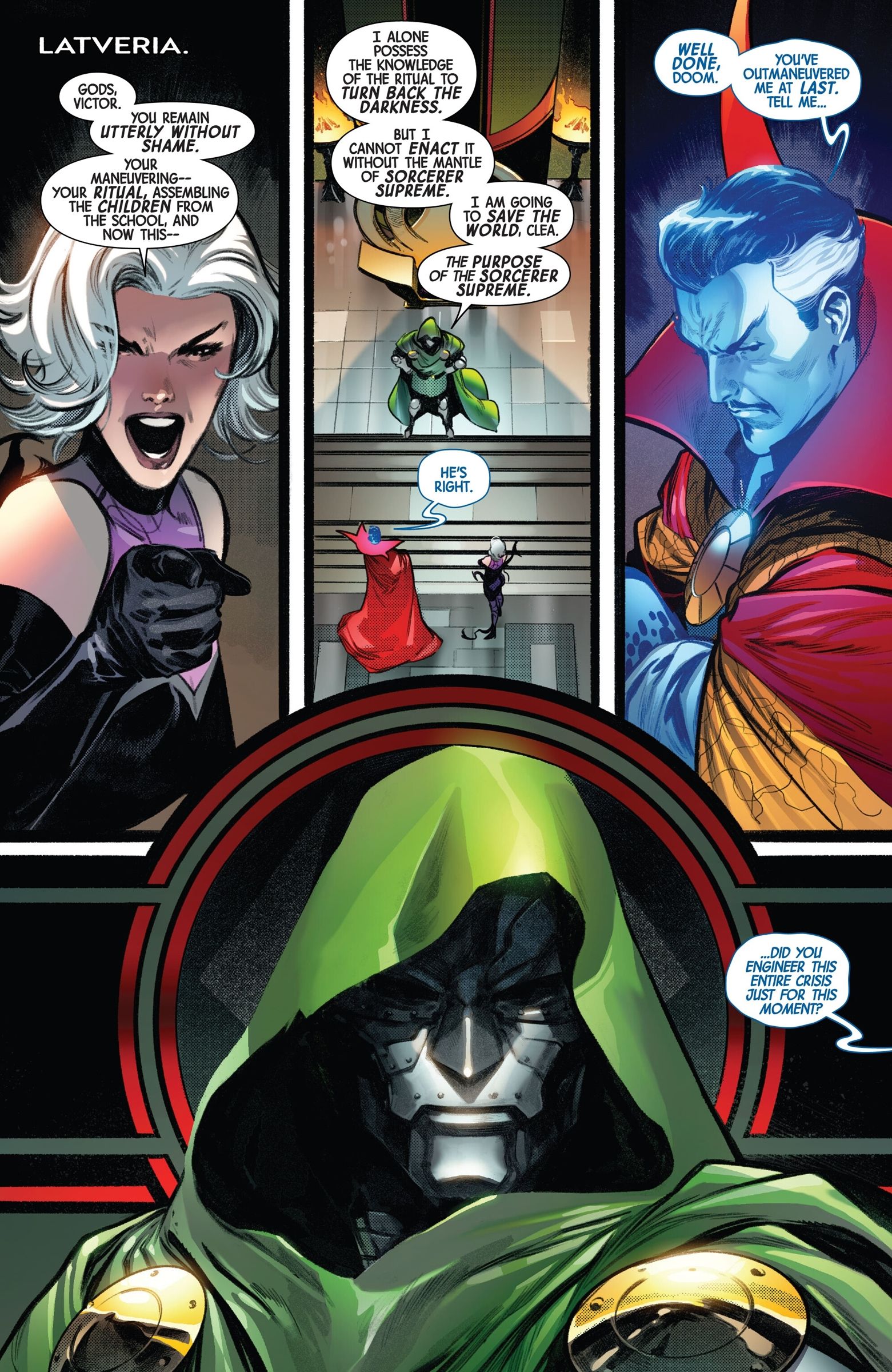 (arriba) Clea, Doctor Doom y Doctor Strange discuten en unas escaleras.  (abajo) Primer plano de la máscara y la capucha del Doctor Doom. 