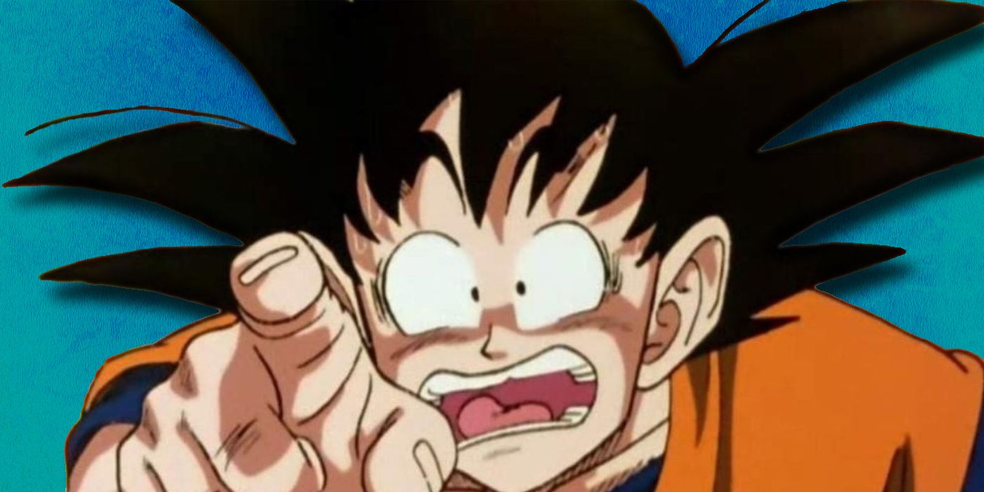 Goku pointing ahead in shock on a blue background.
