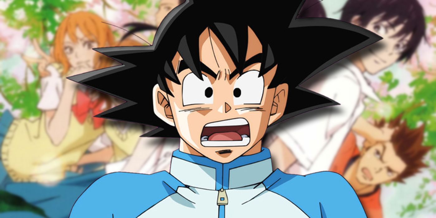 A surprised Goku in front of an image from the shojo series Kimi ni Todoke