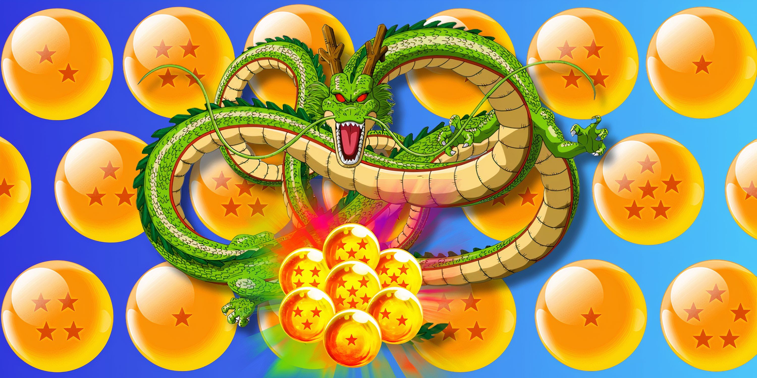 The mighty eternal dragon, Shenron, floats before a backdrop of dragon balls, with a smaller set glowing at his feet.