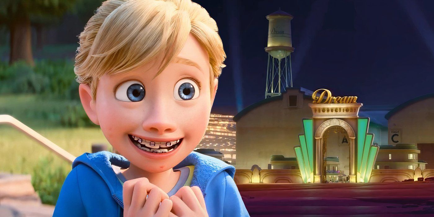 A composite image of Riley looking excited in front of the gate for Dream Productions studio in Inside Out