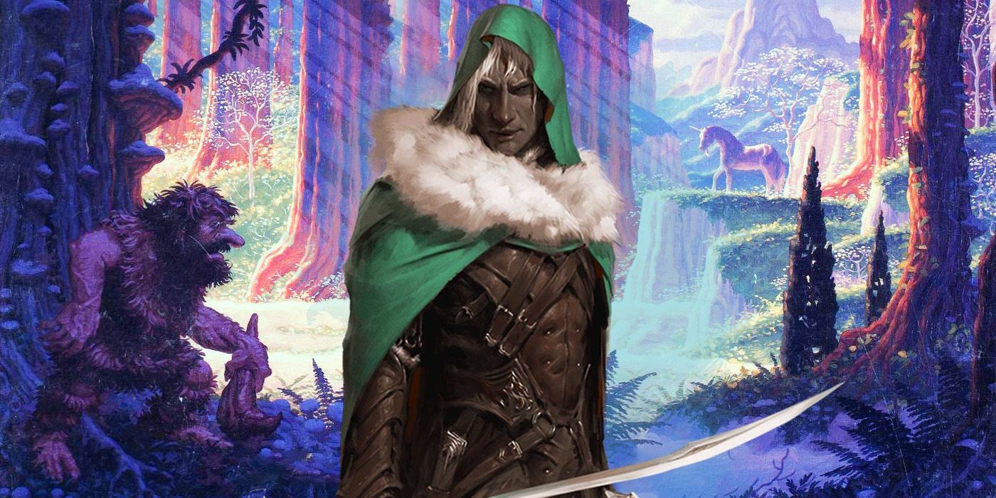 Drizzt de D&D com imagens das Ilhas Moonshae.