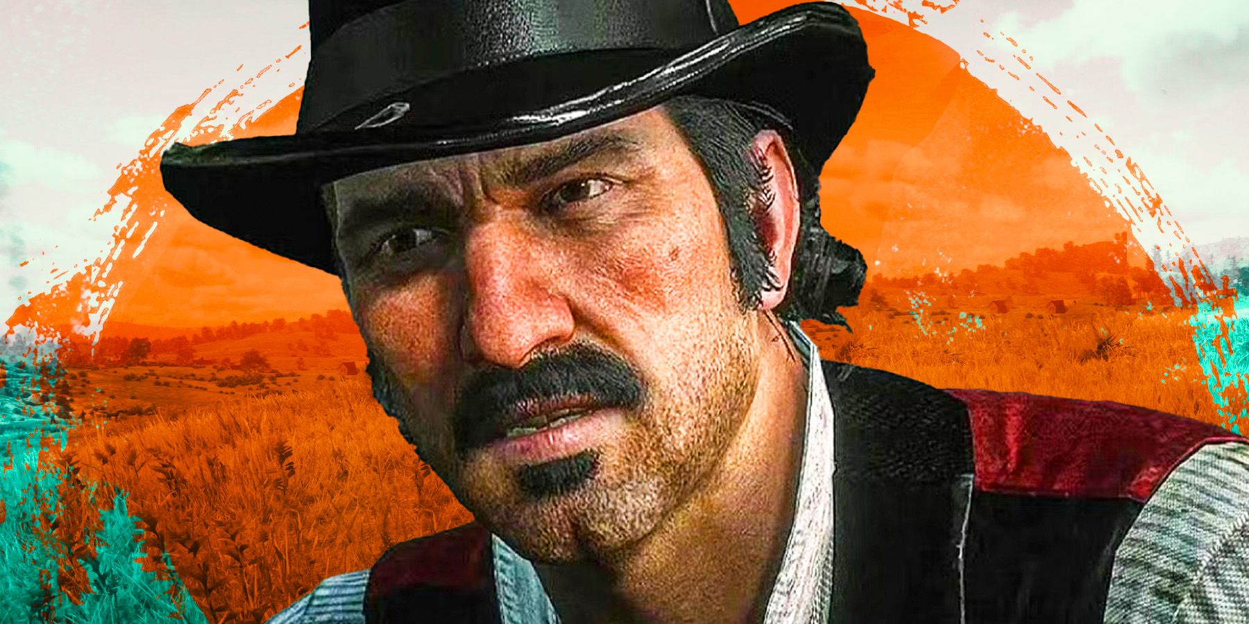 A concerned-looking Dutch over an artistic background of a plain and an orange, rising sun in a collage of imagery from RDR2.