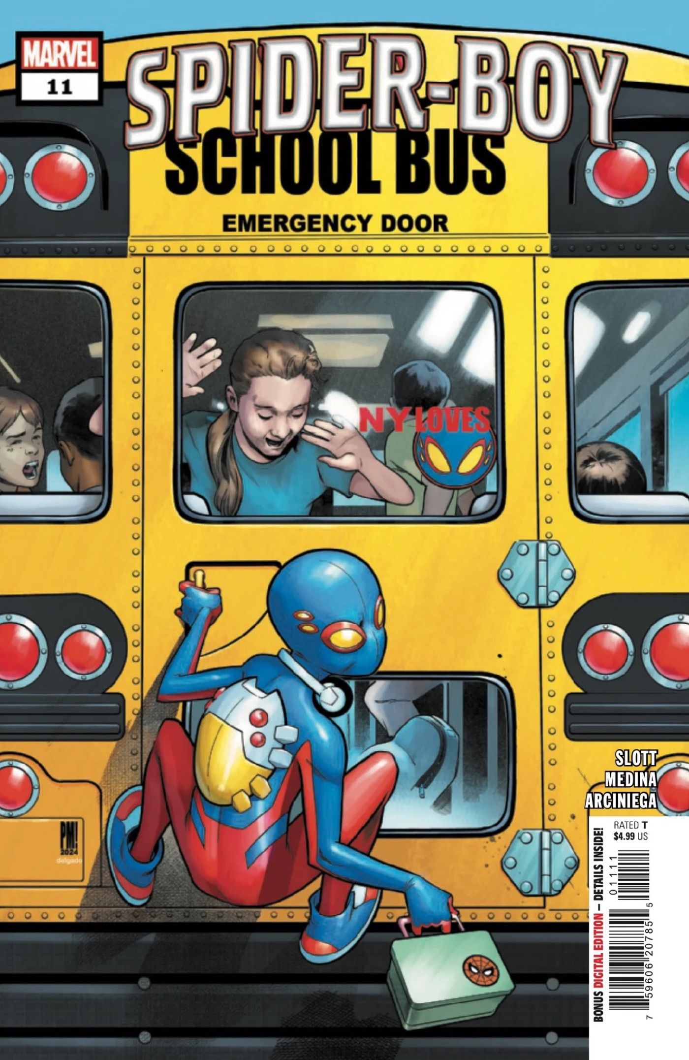 Cover of Paco Medina's Spider-Boy #11 - Spider-Boy hanging from a school bus.