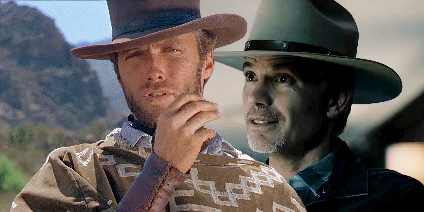 Clint Eastwood como el hombre con unos dólares más junto a Timothy Olyphant como Rylan Givens en el escenario