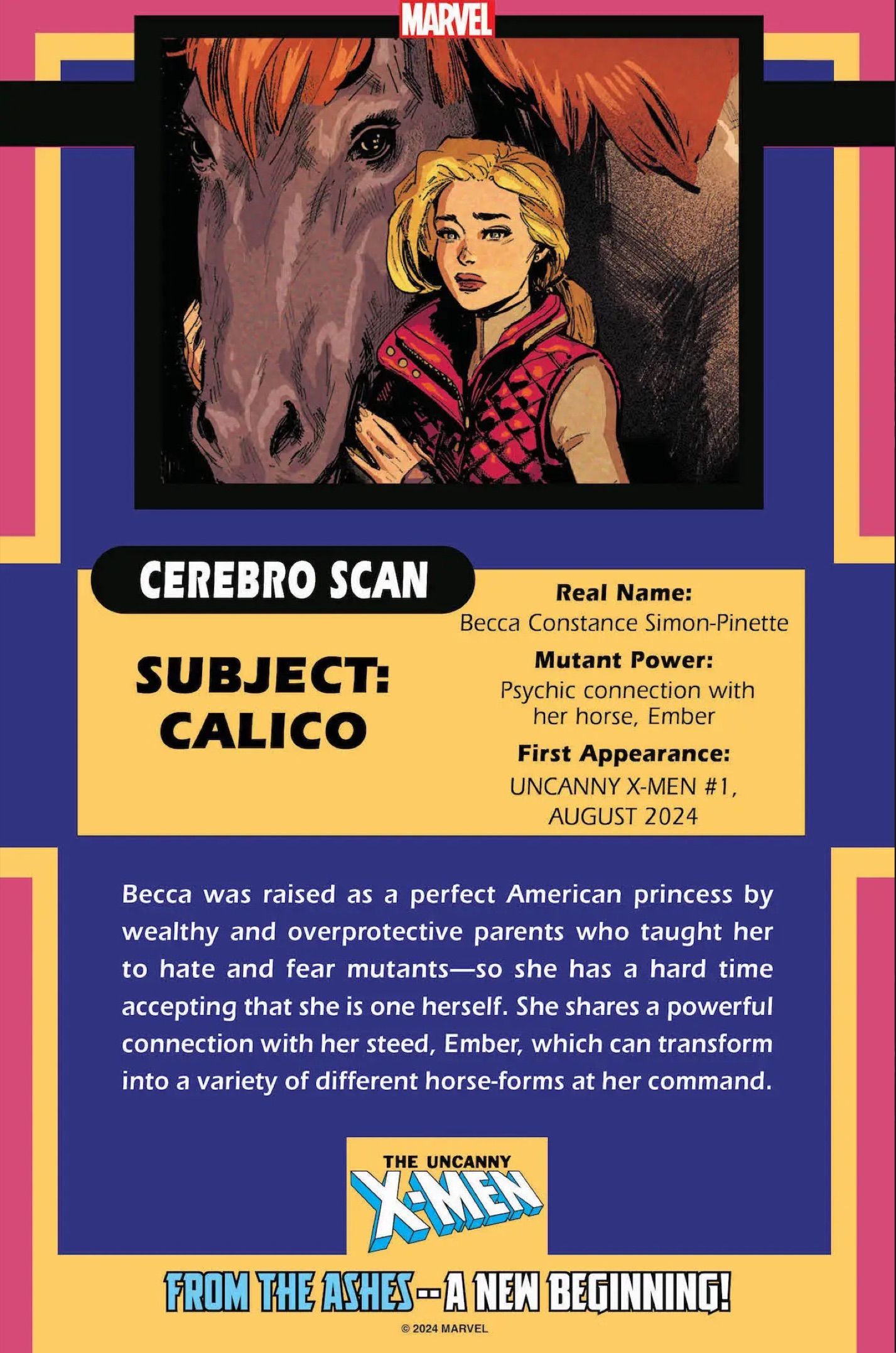 Uncanny X-Men #1, Marvel's Cerebro scan for Calico; fact sheet with power stats and detailed backstory.