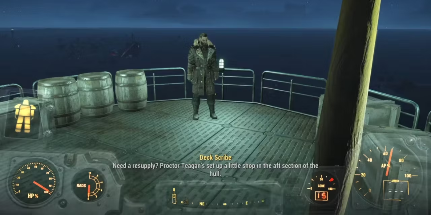 Player wearing Power Armor while looking at NPC named Elder Maxson wearing Elder Maxson's Coat in Fallout 4.