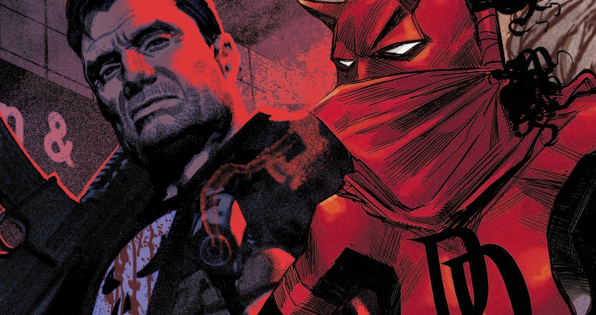 Elektra As Daredevil Looking on as Frank Castle Punisher Holds a Smoking Gun DC