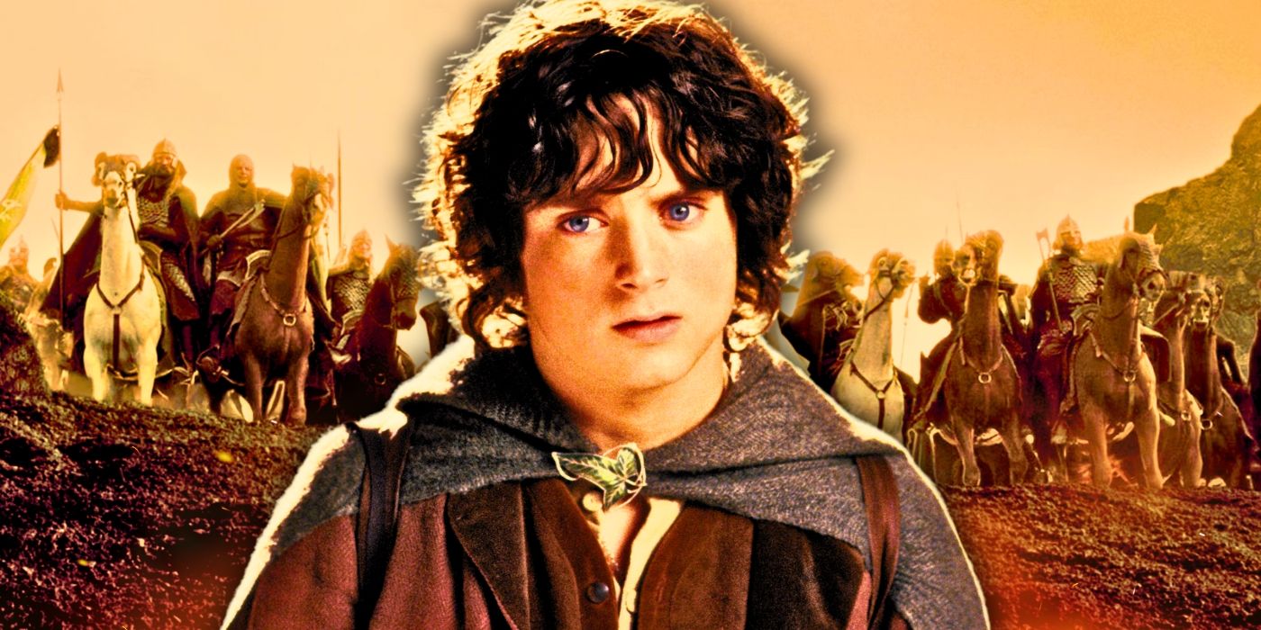 Elijah Wood as Frodo Baggins in The Lord of the Rings with a background showing men riding into battle