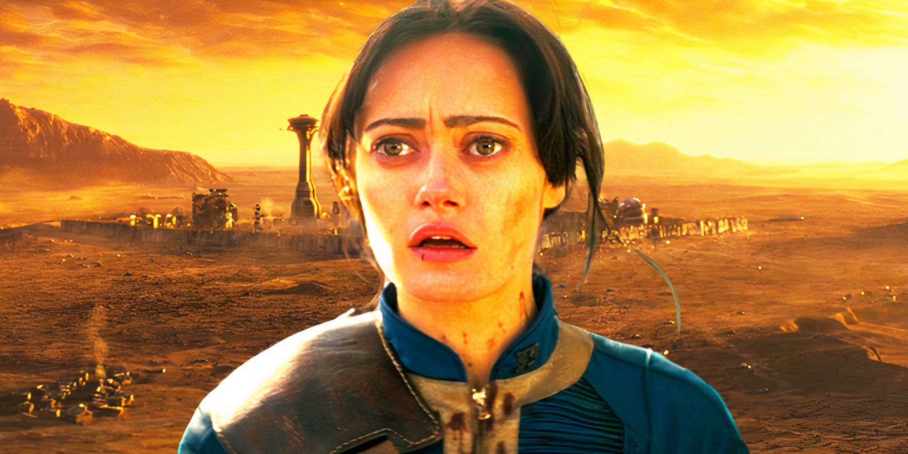 Ella Purnell as Lucy juxtaposed with New Vegas in Fallout season 1