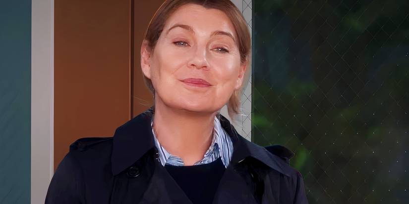 Ellen Pompeo as Meredith Giving a Close Lipped Smile in Grey's Anatomy