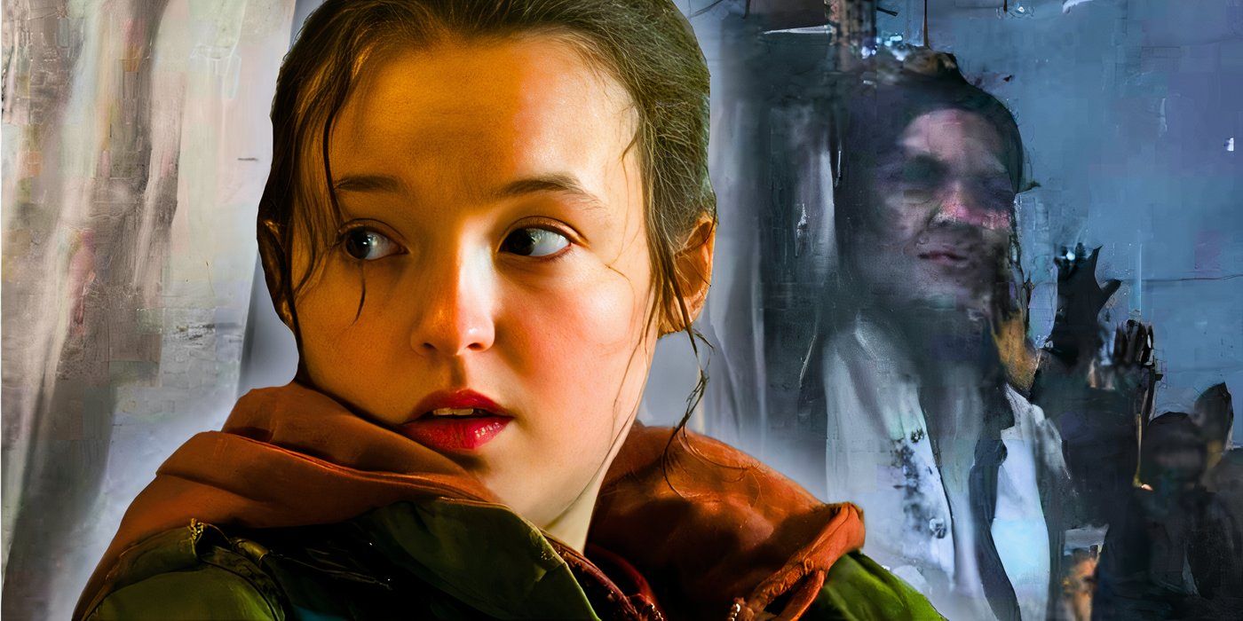 Ellie (Bella Ramsey) looking concerned in The Last of Us with the Seraphite Prophet from The Last of Us 2 behind her