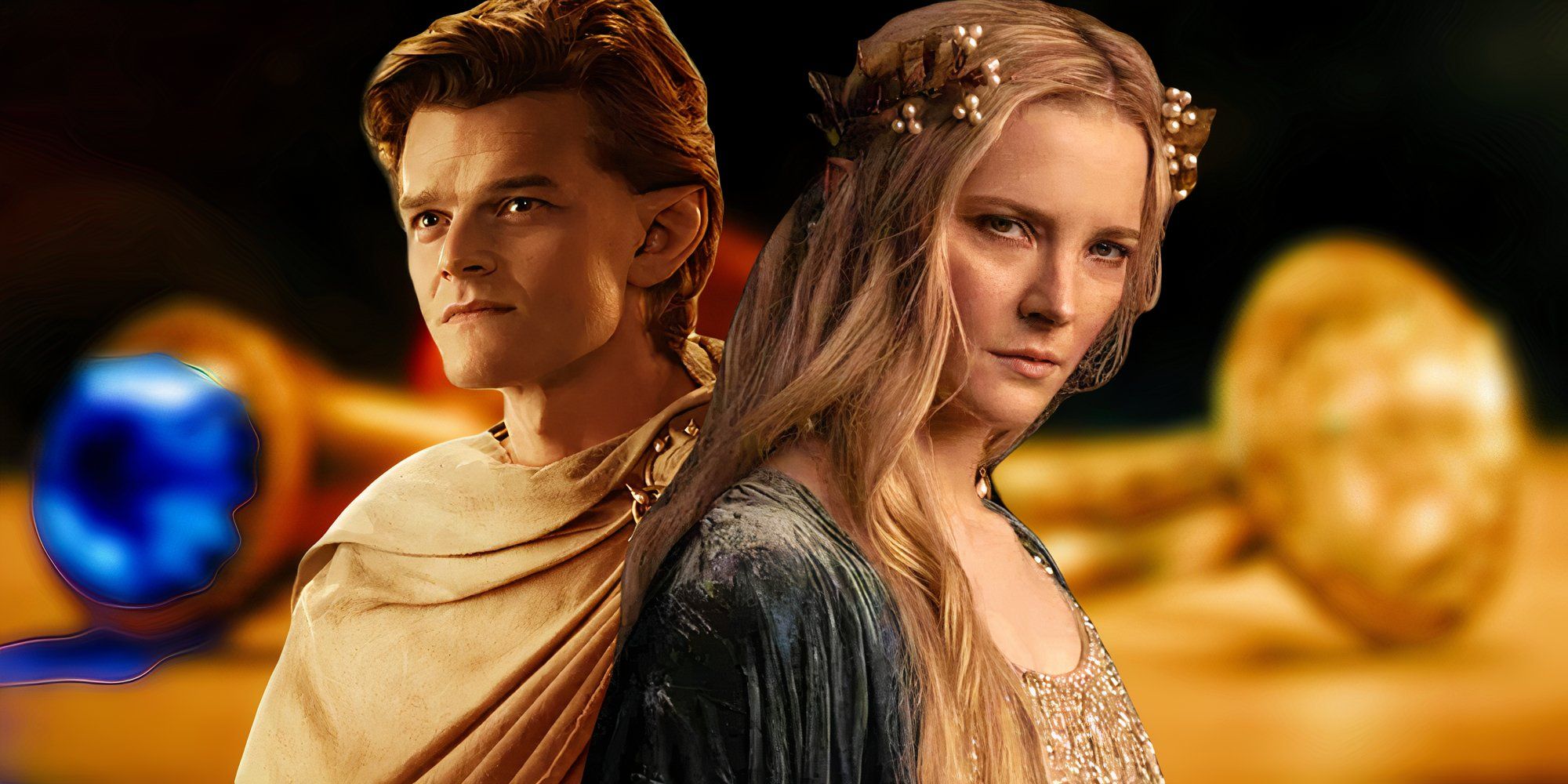 A blurred image of the Elven Rings from The Lord of the Rings: The Rings of Power (2022-) next to images of Morfydd Clark as Galadriel and Robert Aramayo as Elrond