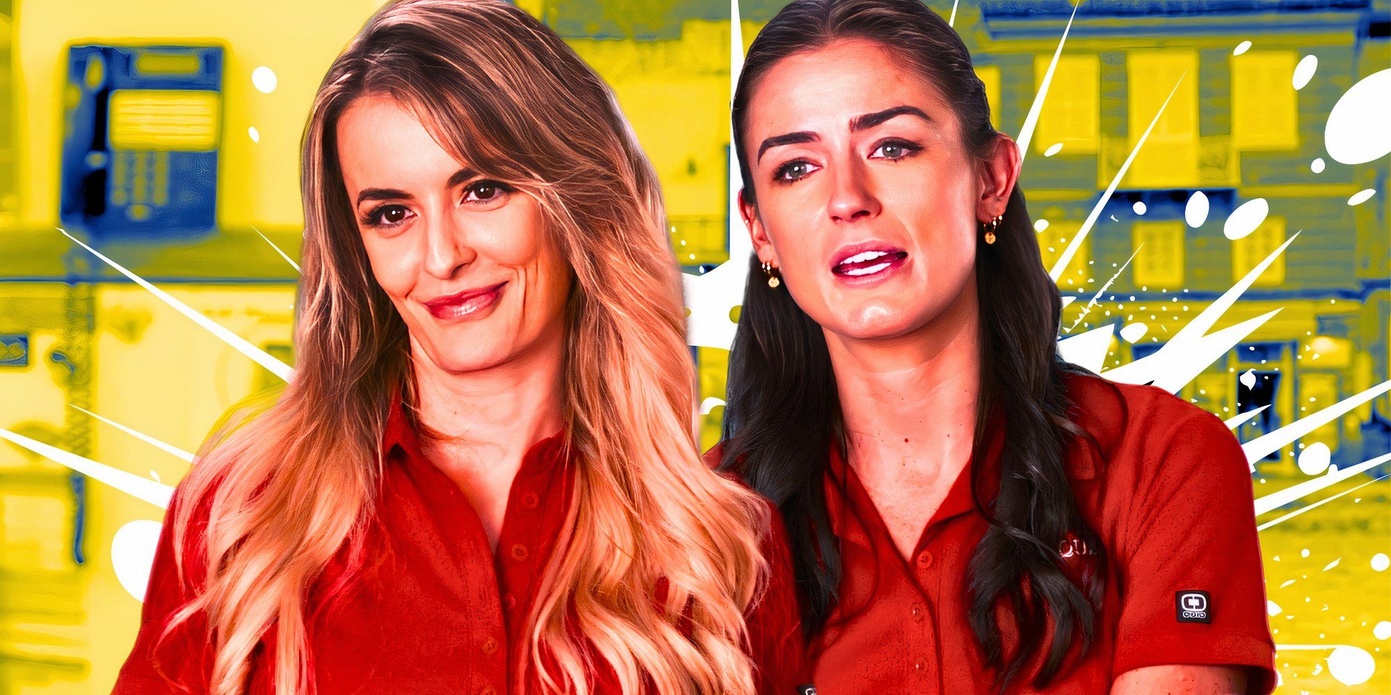 montagem de Aesha Scott e Ellie Dubaich em vermelho com fundo amarelo