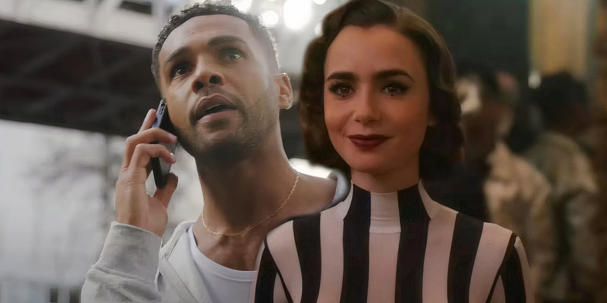 Alfie on the phone looking worried next to Emily smiling in a black and white striped outfit in Emily in Paris