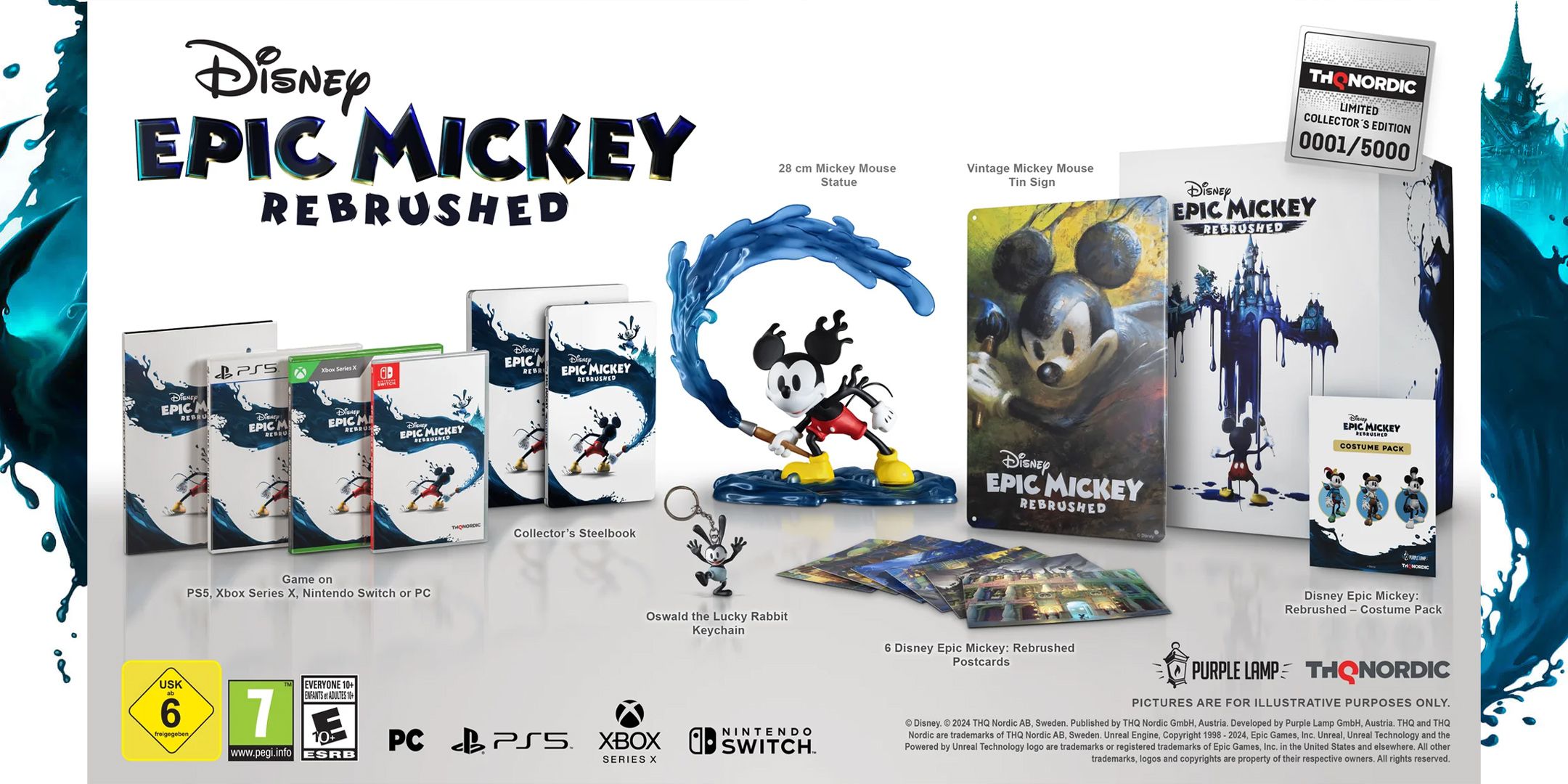 Contents of the Epic Mickey Rebrushed Collector's Edition, including the game, a statue, and various bonuses.