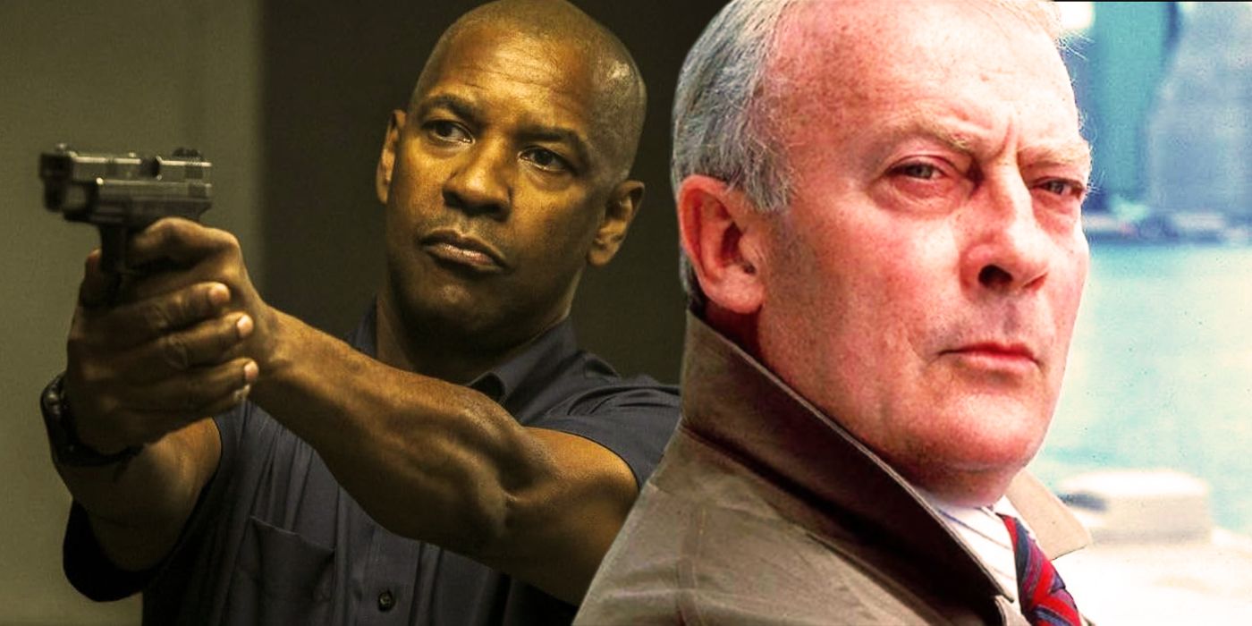 Equalizer Collage of Denzel Washington Holding a Gun and Edward Woodward as Robert McCall