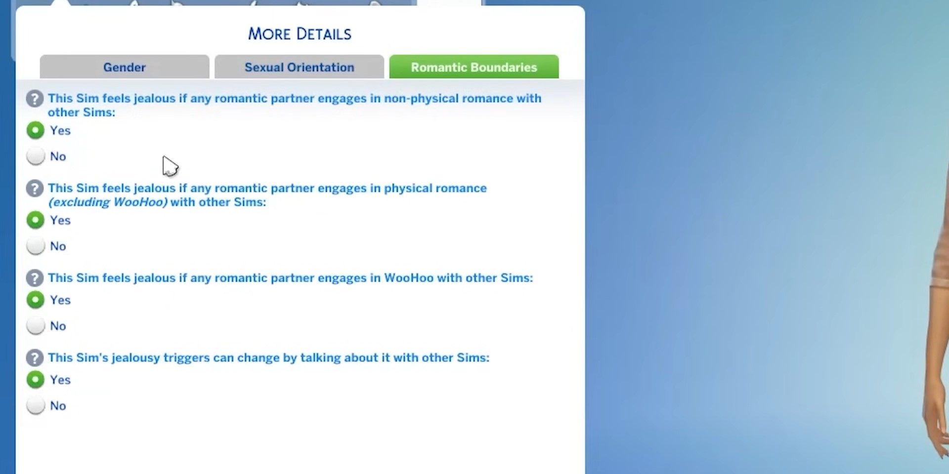 Todas as quatro opções de limites românticos na atualização do The Sims 4.
