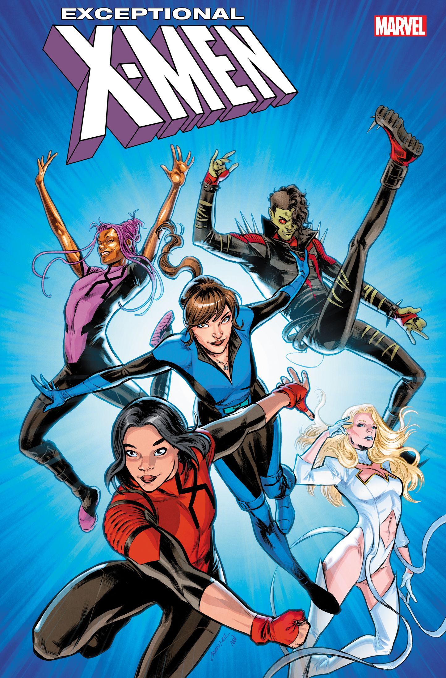 A group of X-Men jumps towards the green background camera - Bronze, Axo, Emma Frost, Melee, and Kitty Pryde.