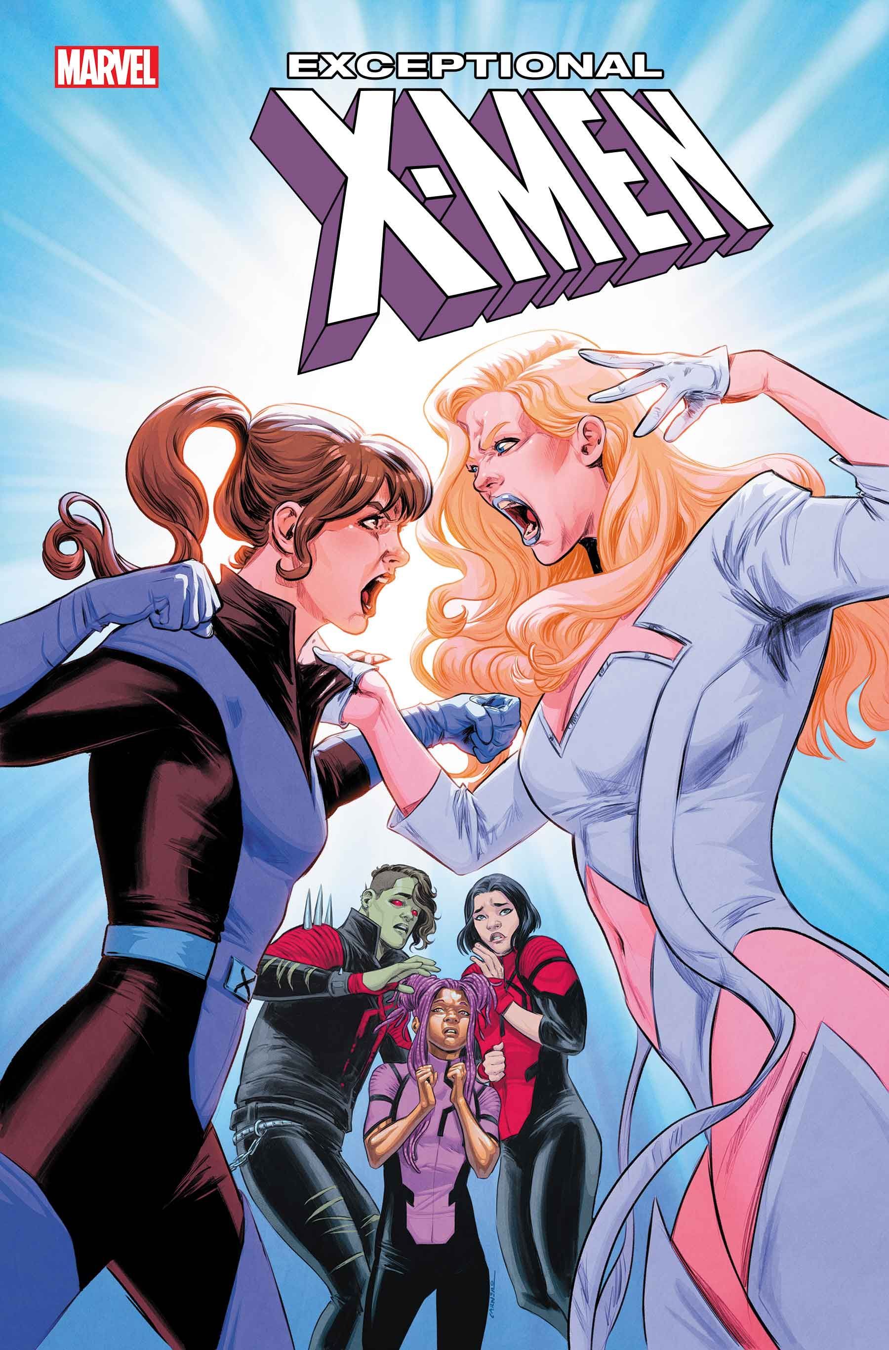 Kitty Pryde e Emma Frost gritam uma com a outra, quase brigando, enquanto três mutantes mais jovens se encolhem no fundo entre elas.