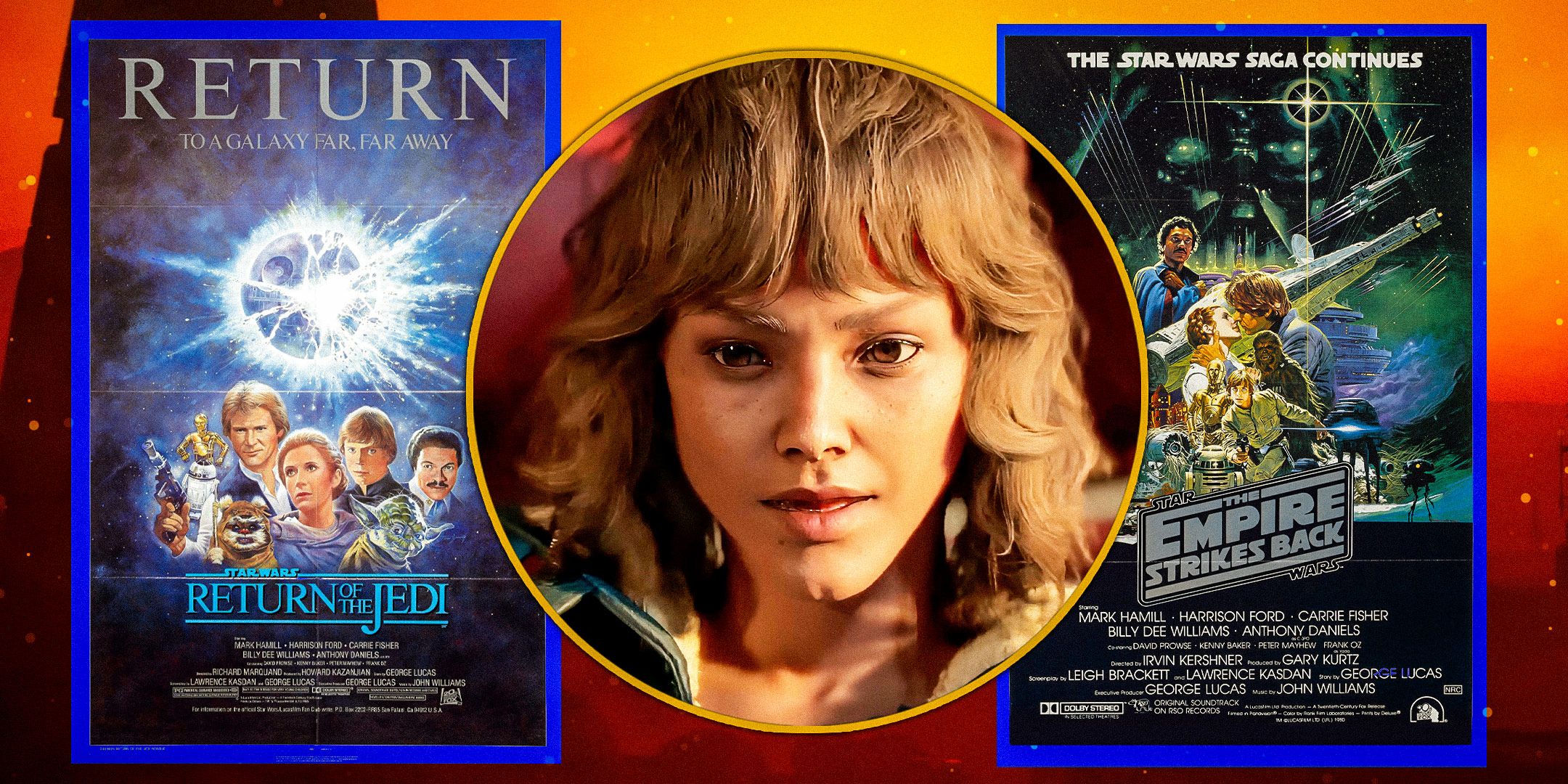 Kay Vess between the posters for Return of the Jedi and Empire Strikes Back