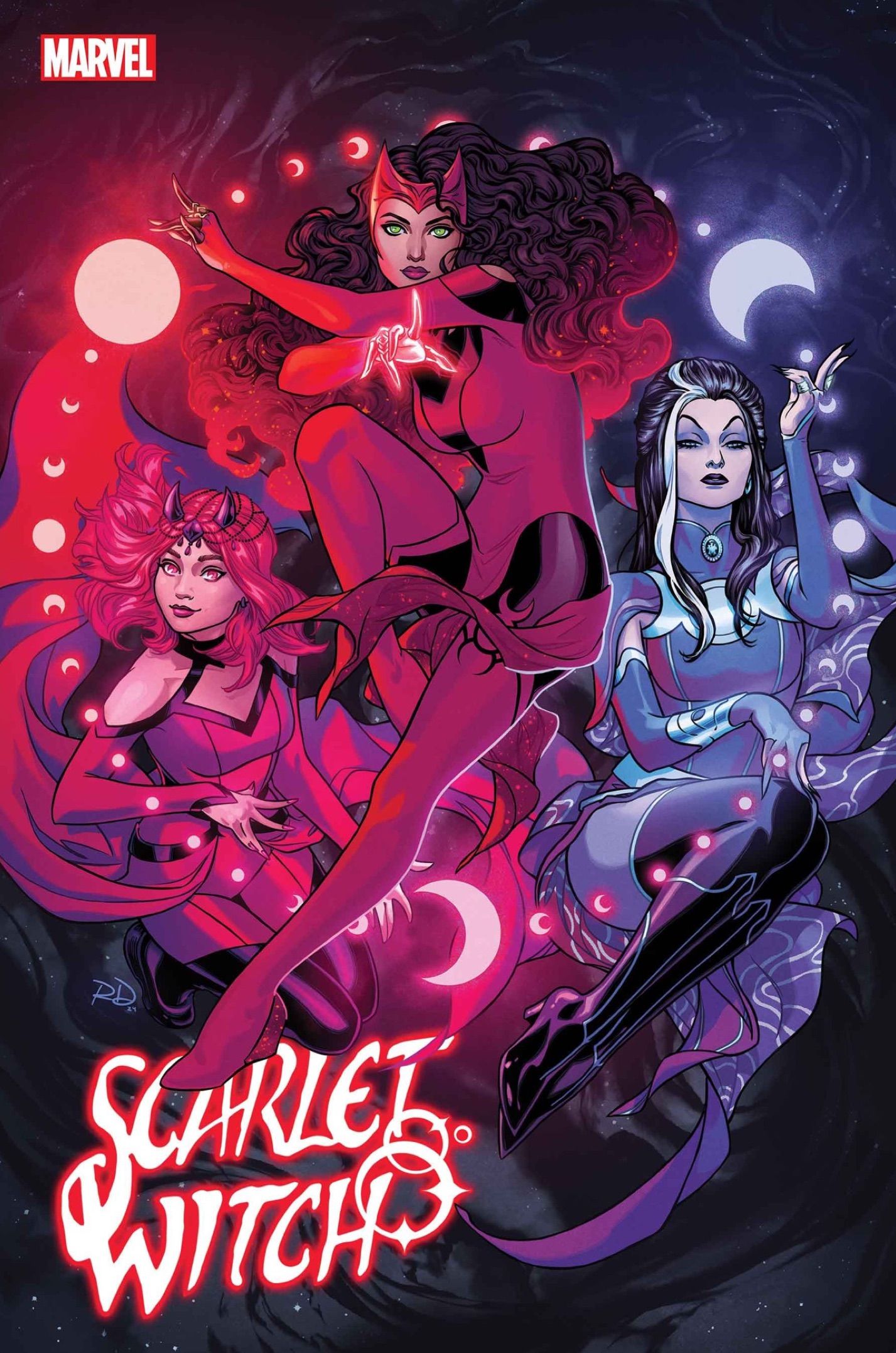 Capa de Scarlet Witch #6, com Wanda, Amaranth e Agatha Harkness usando magia