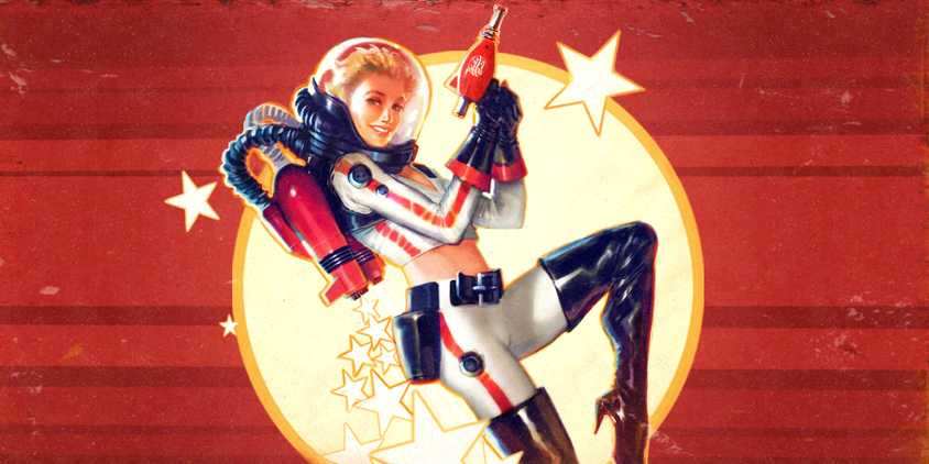 Fallout 4's Nuka World pin-up girl mascot holding a weapon.