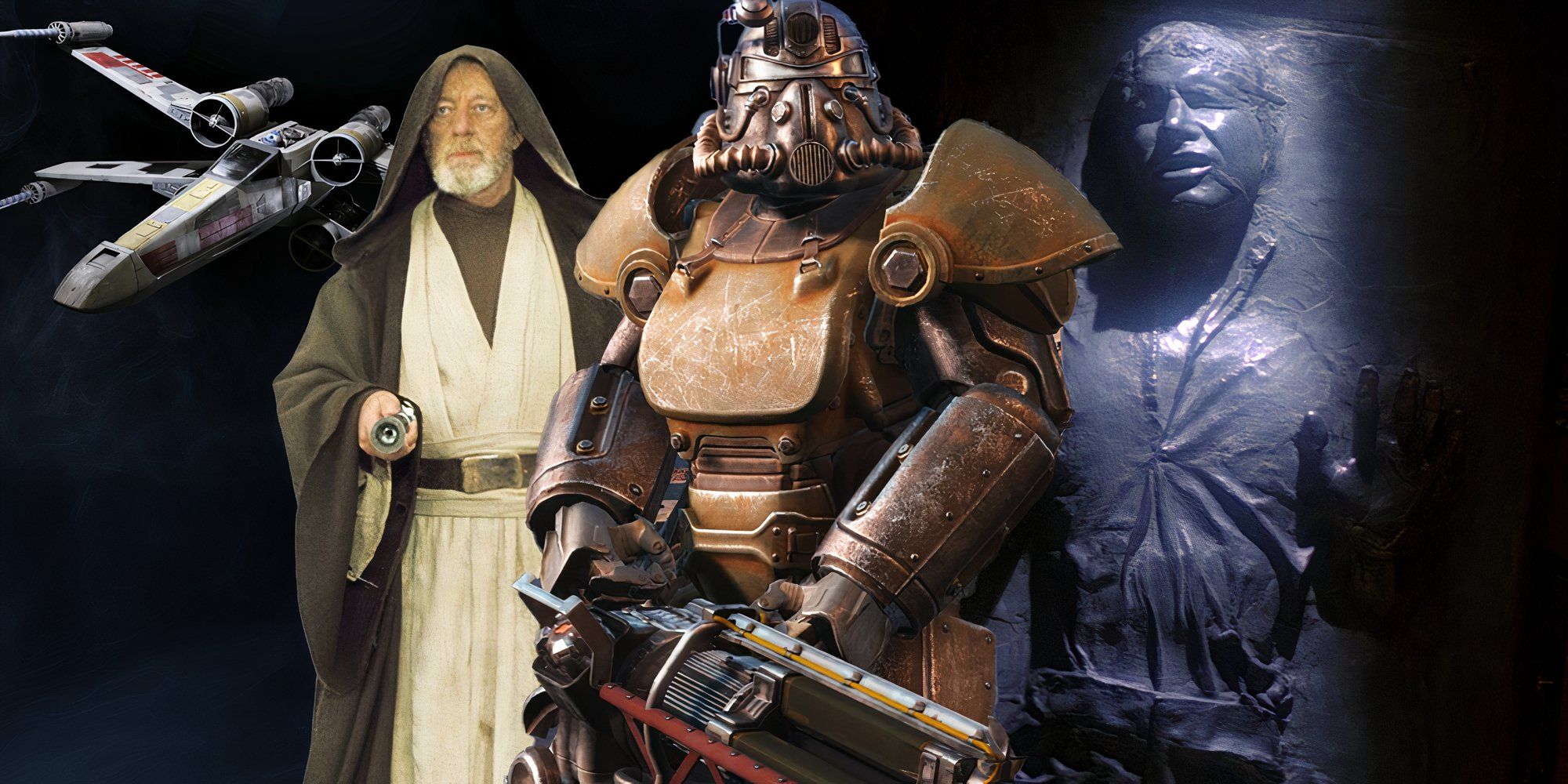 Membro da Brotherhood of Steel de Fallout 4 em armadura de poder ao lado da nave X-wing de Star Wars, Obi-Wan Kenobi, e Han Solo presos em Carbonite