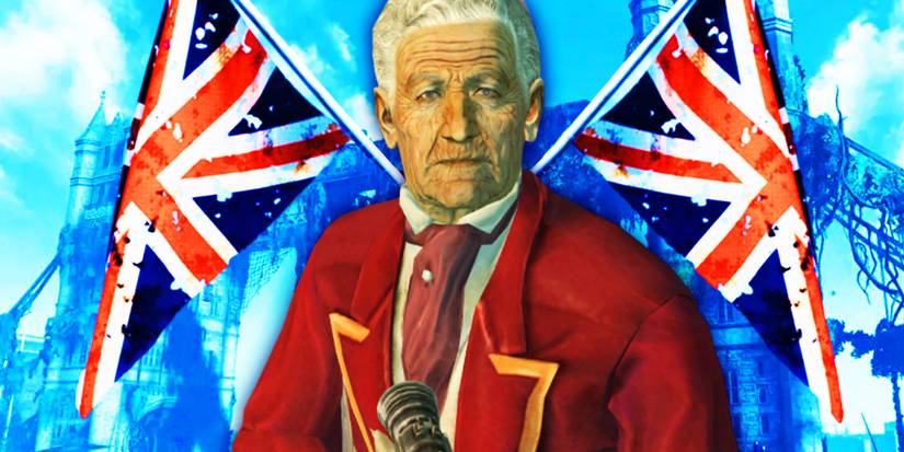 Fallout Character in Front of a London Backdrop and two Union J flags.