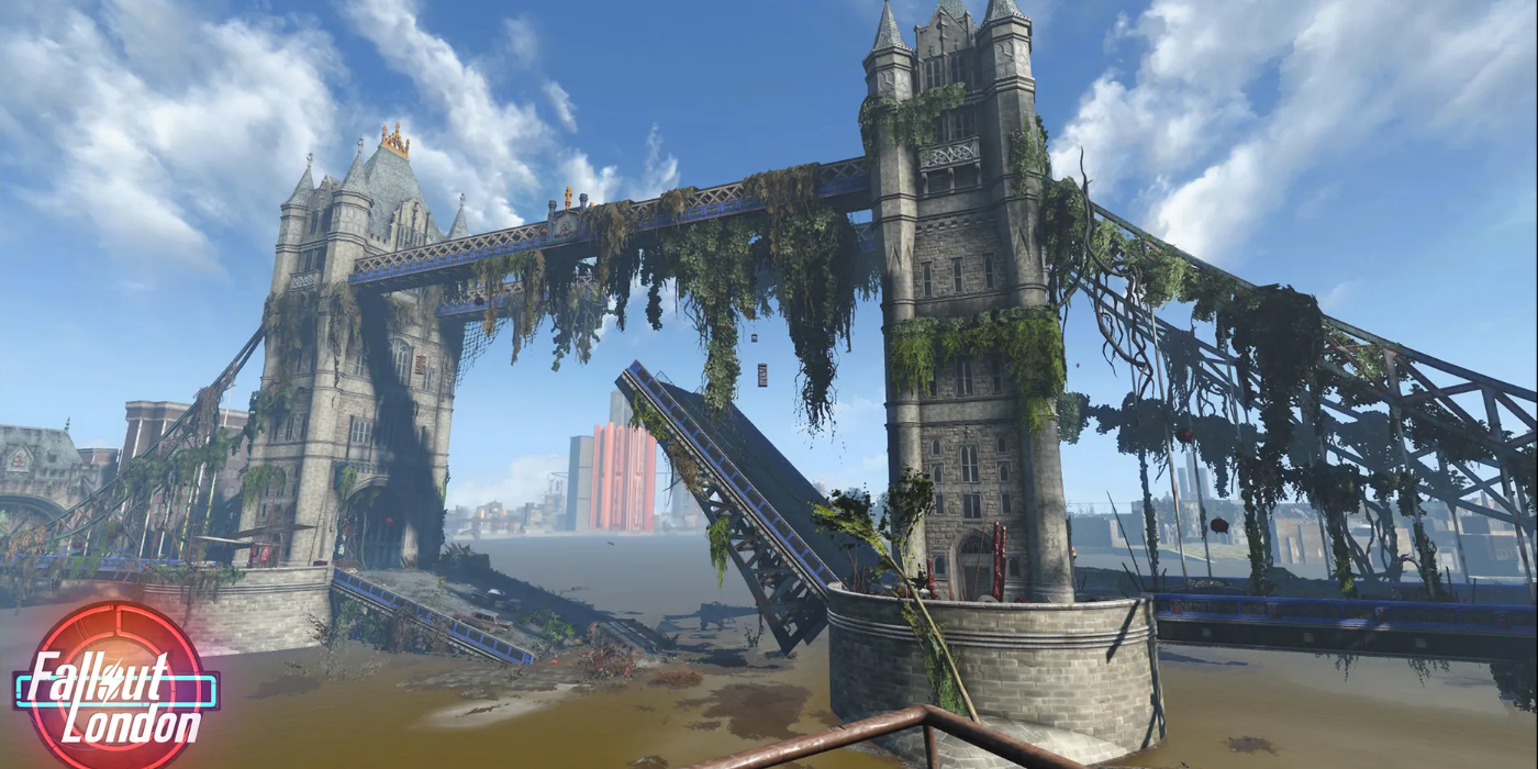 London Bridge de Fallout London coberta de vegetação