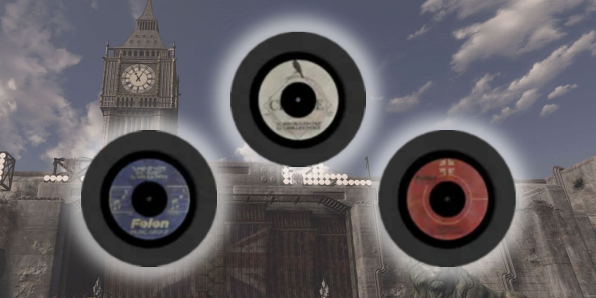 Three black vinyls with a white glow against a backdrop of Big Ben in Fallout London