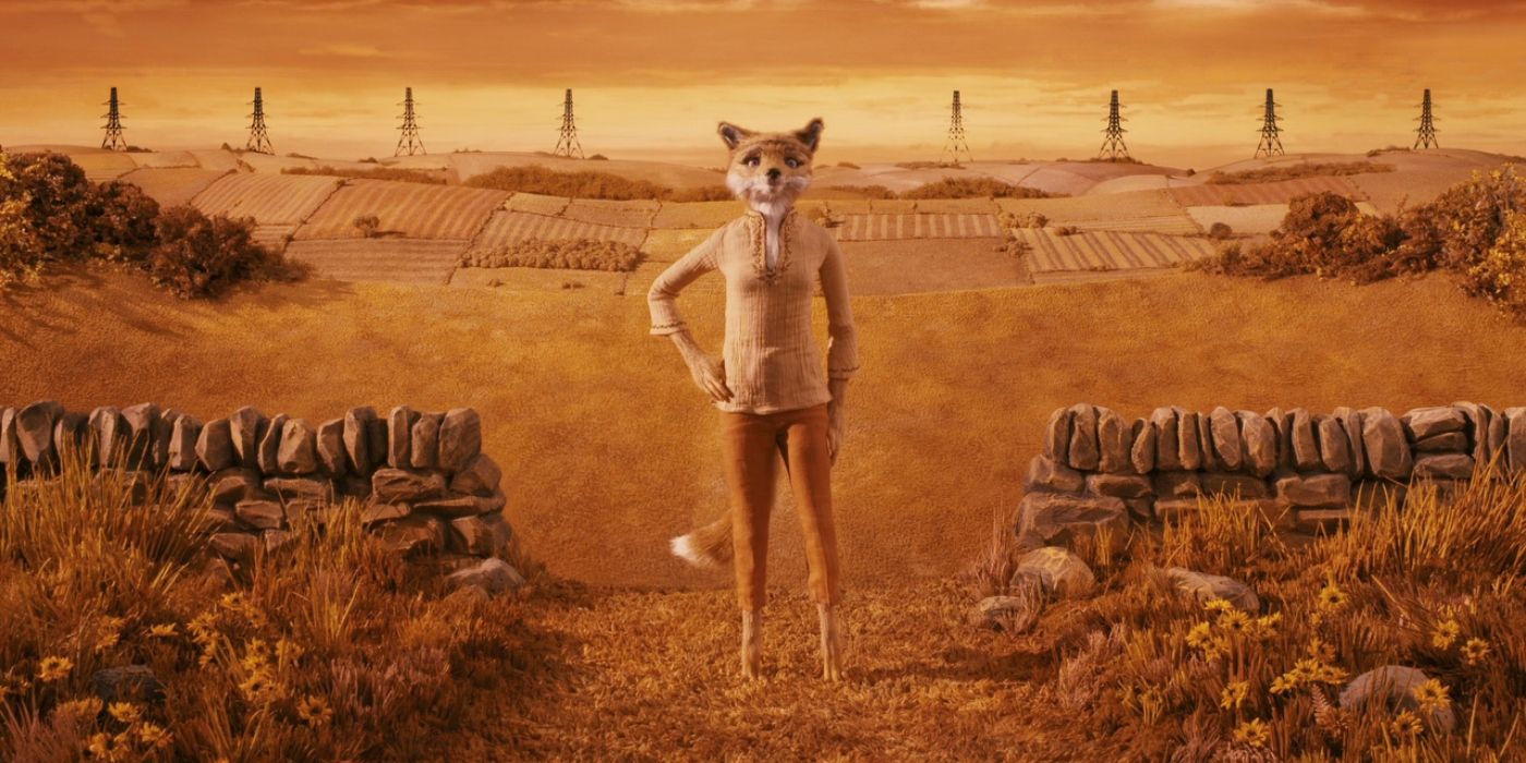 Mrs Fox stood in the fields talking with Mr Fox in the opening scene of Fantastic Mr Fox