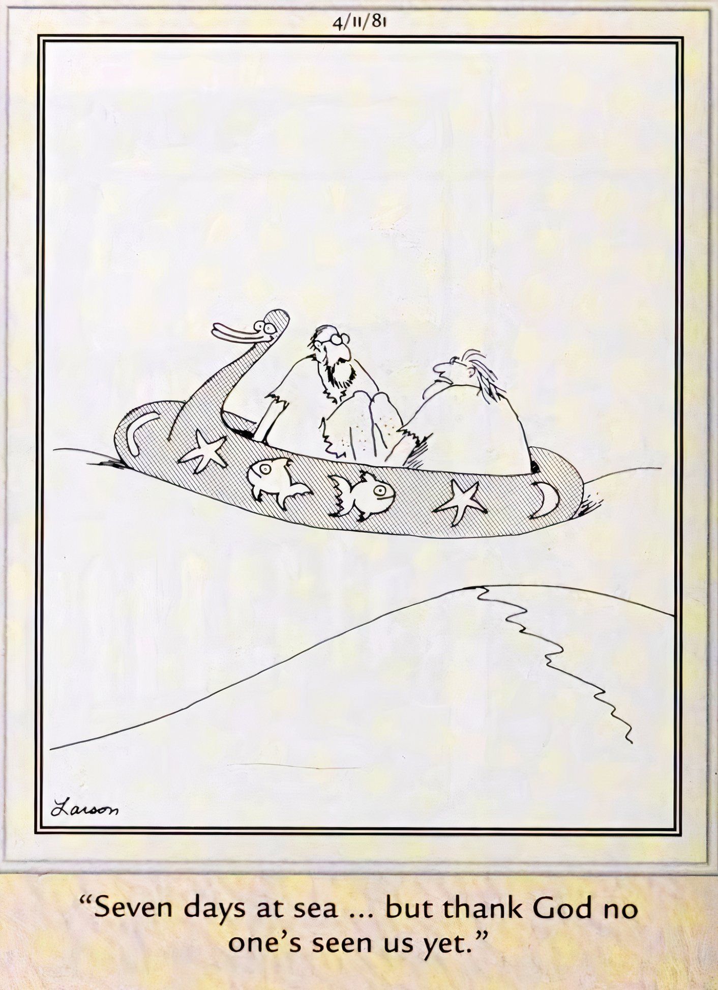 Far Side, April 11, 1981, men in a goofy life raft are embarrassed to be rescued