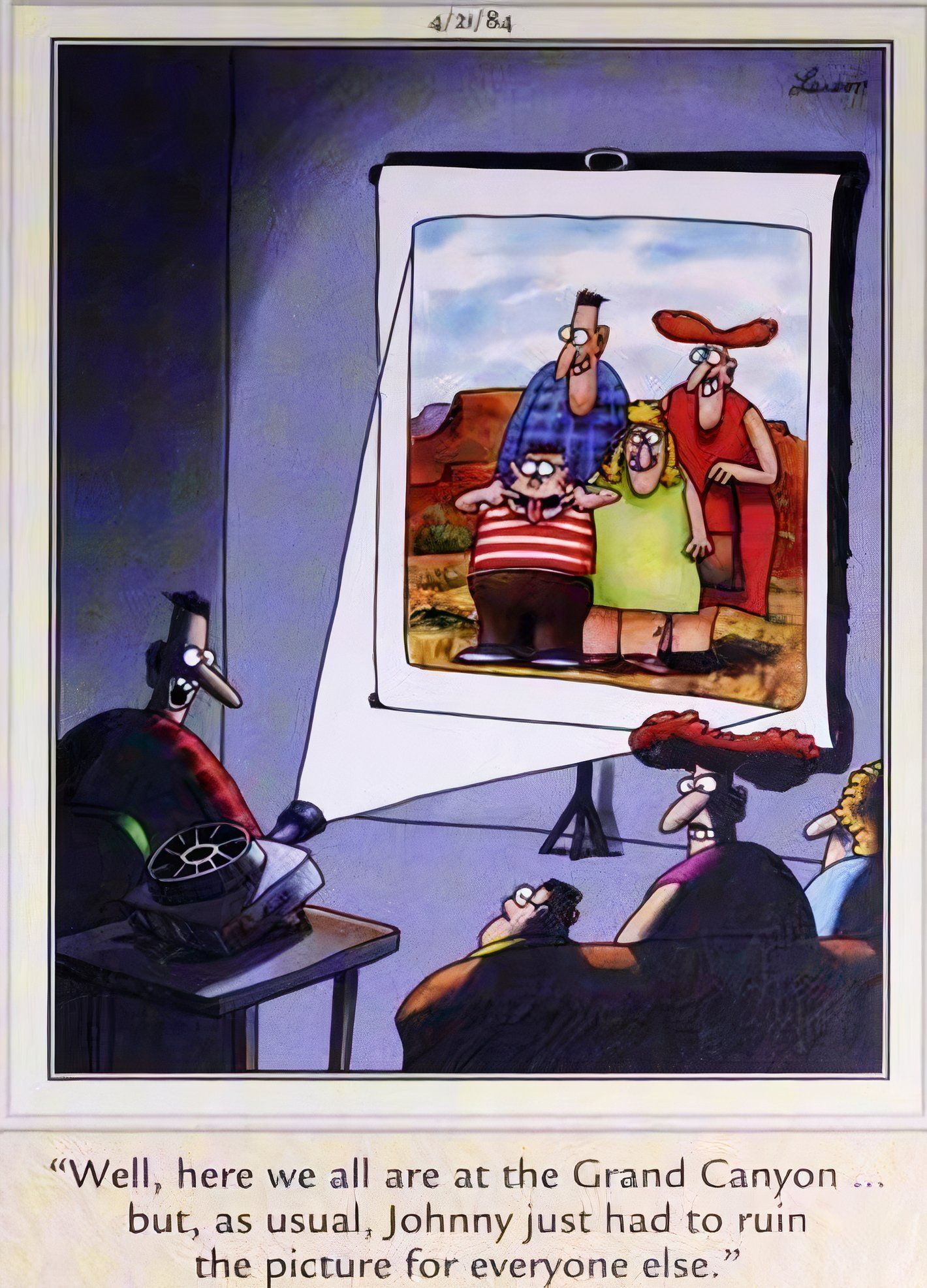 Far Side, 21 de abril de 1984, uma criança faz uma careta, arruinando a foto de férias de sua família de aparência boba