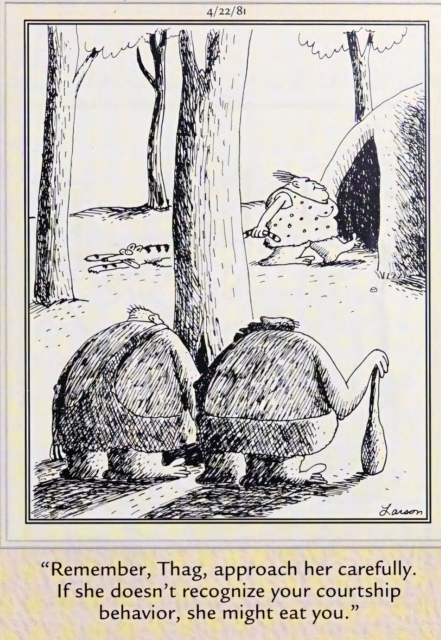 Far Side, April 22, 1981, prehistoric character Thag is warned to approach a human female carefully, or she might eat him