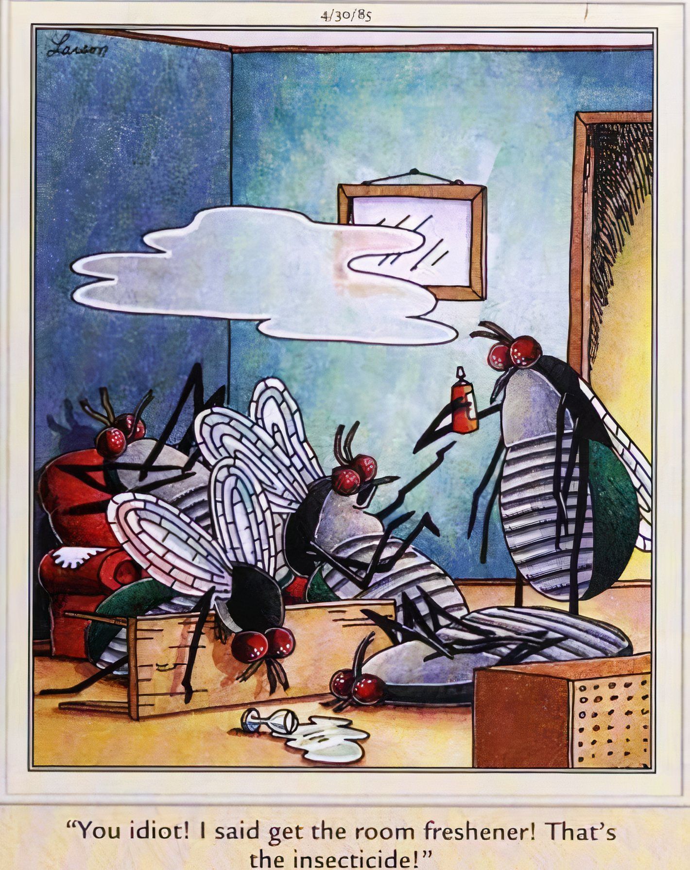 Far Side, April 30, 1985, fly accidentally sprays its guests with insecticide