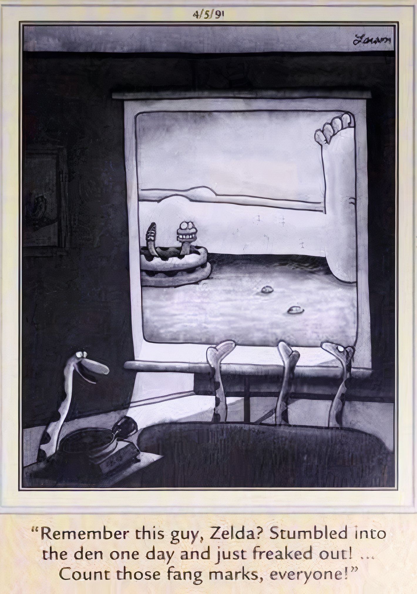 Far Side, 5 de abril de 1991, cobras relembram um homem que morderam