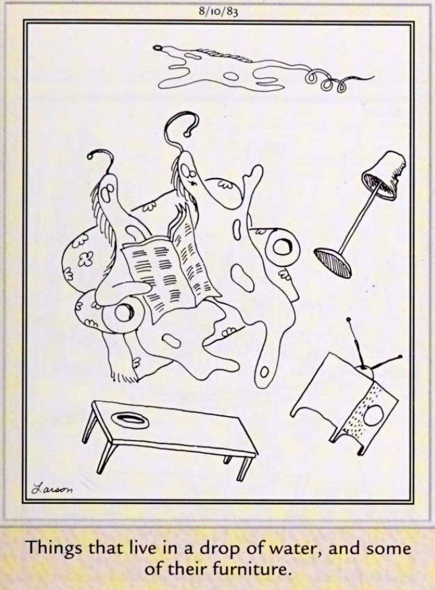 Far Side, 10 de agosto de 1983, amebas flutuando em sua sala de estar