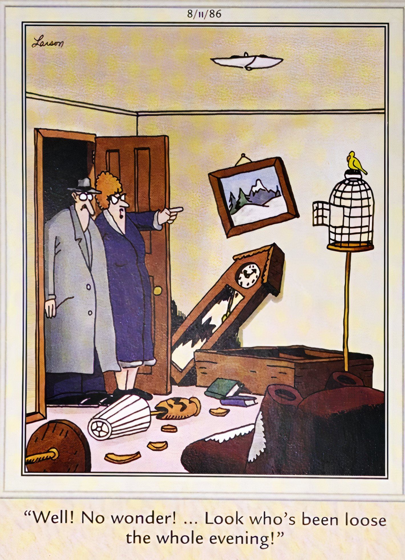 Far Side, August 11, 1986, couple comes home to find their house wrecked by their escaped parakeet