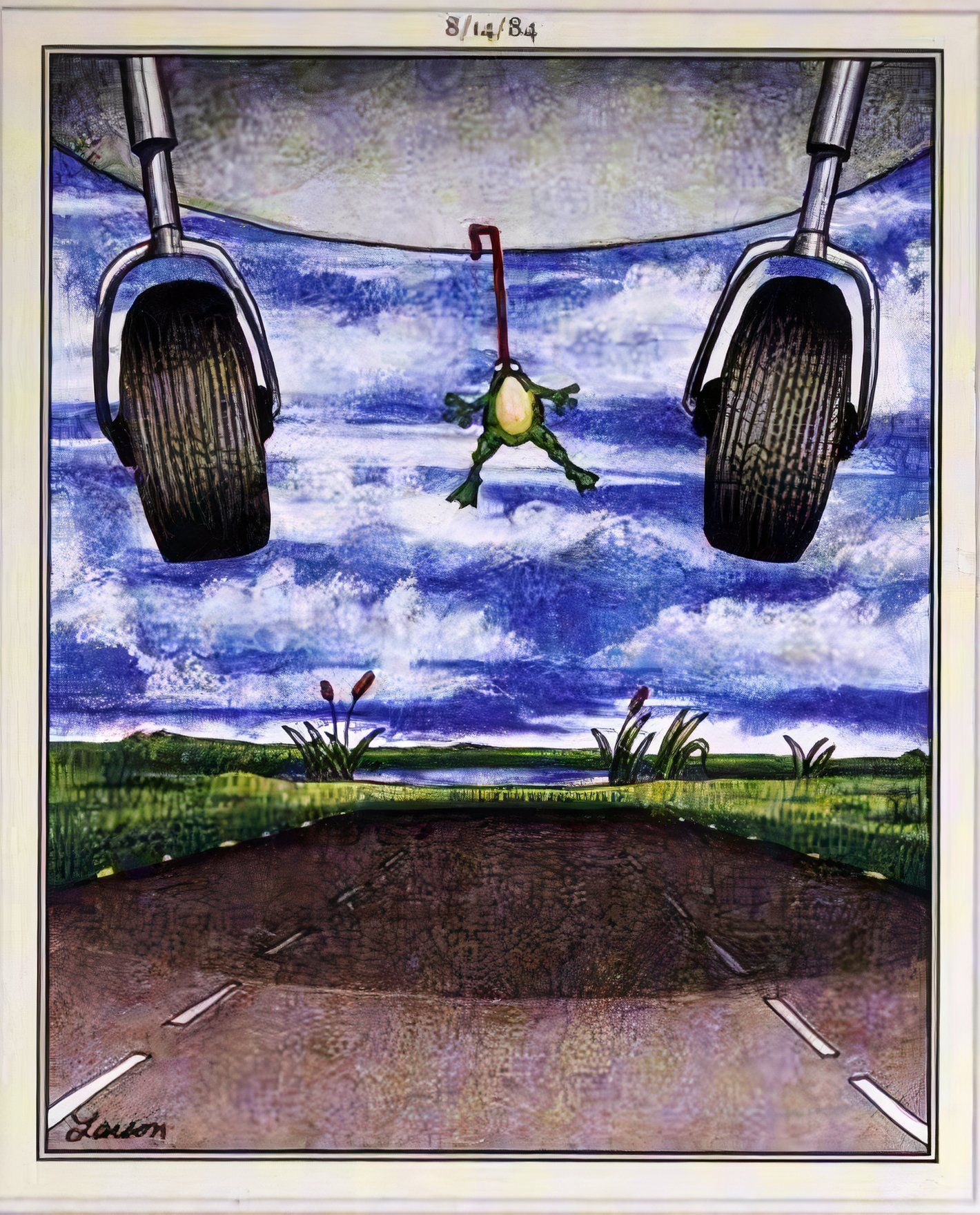 Far Side, August 14, 1984, a frog stuck to the bottom of a taxi-ing airplane by its tongue