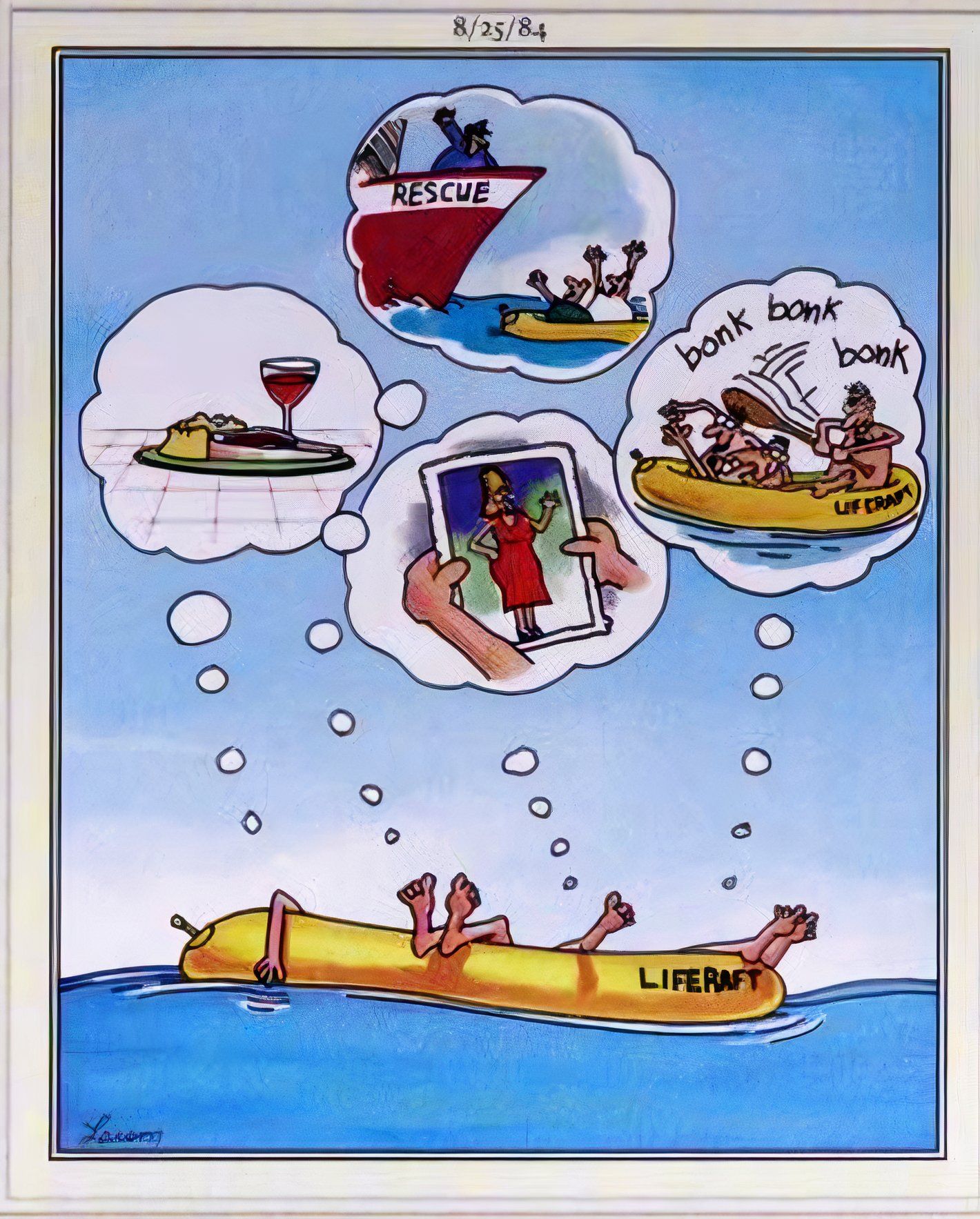 Far Side, August 25, 1984, a man in a lift raft fantasizes about being rescued