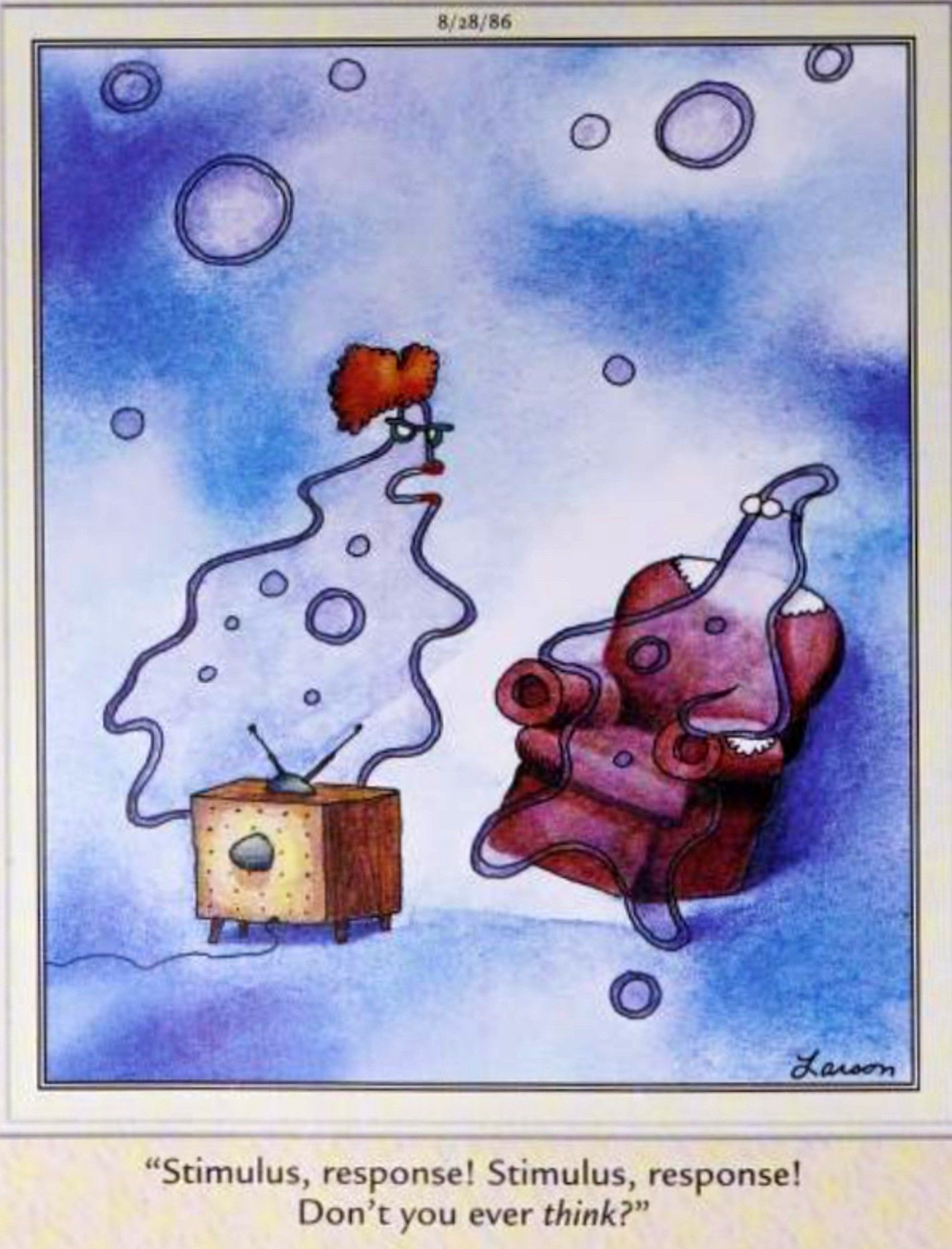 Far Side, 26 de agosto de 1986, uma esposa ameba grita com o marido que ele nunca pensa