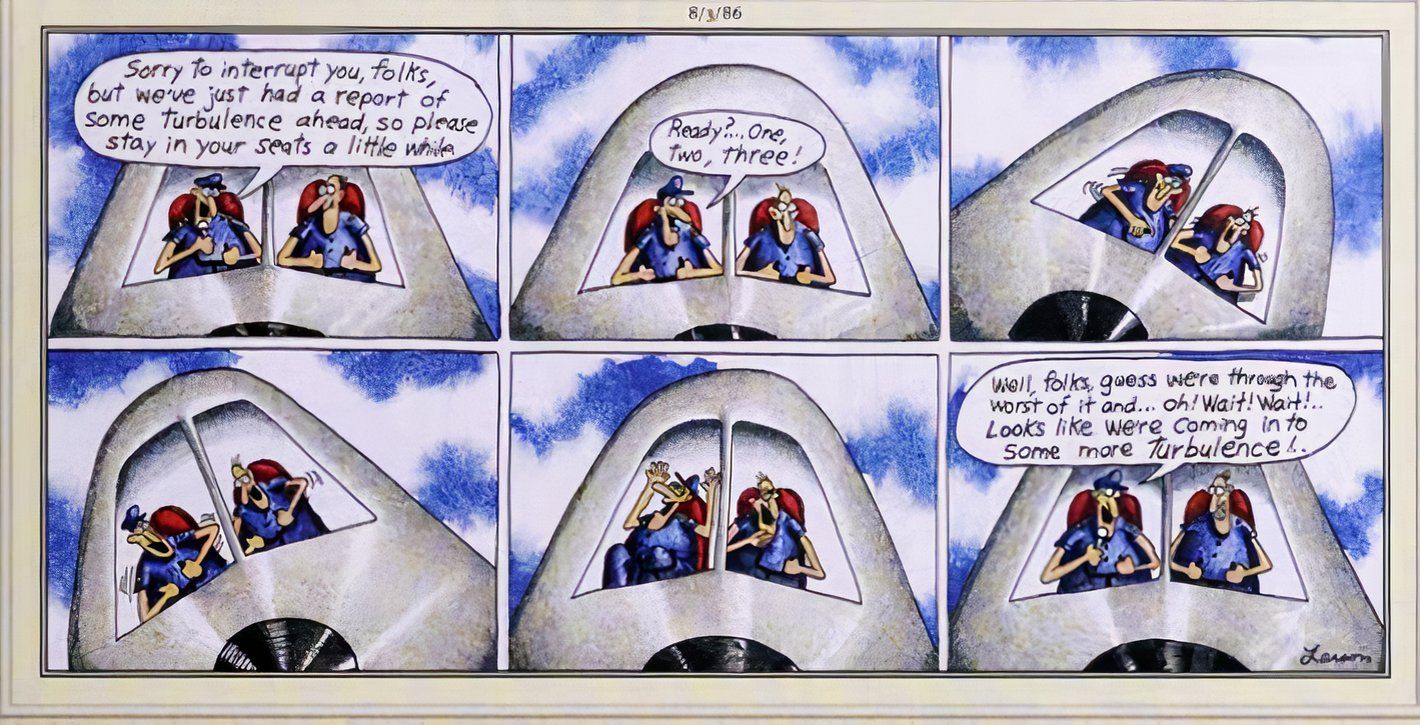 Far Side, August 3, 1986, airplane pilots simulate turbulence to mess with their passengers