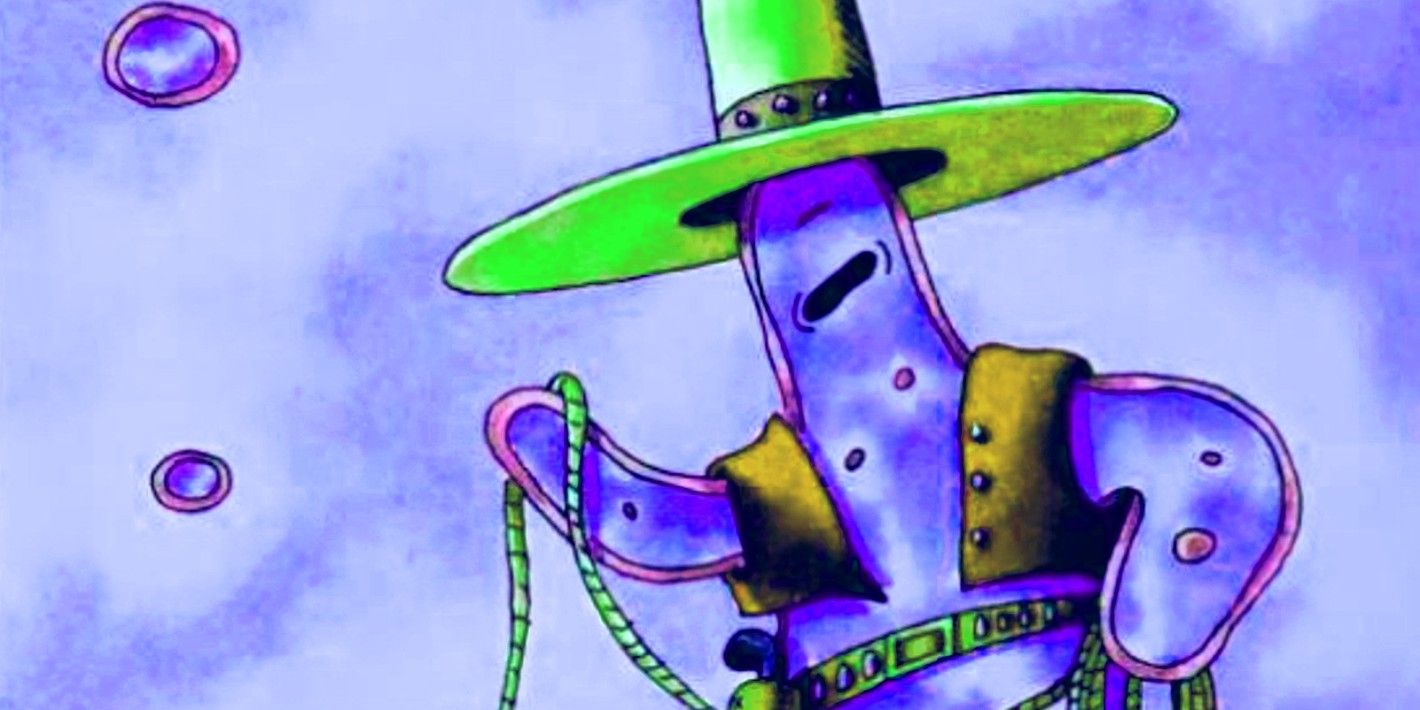 Far Side, close up of an amoeba cowboy wearing a ten gallon hat and twirling a rope
