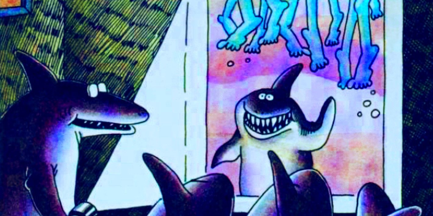 Far Side, close up of shark running projector, showing off vacation photos