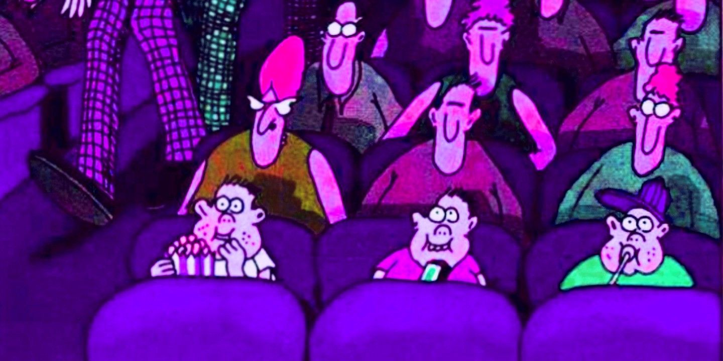 Far Side, close up of three nerdy kids at the movie theater