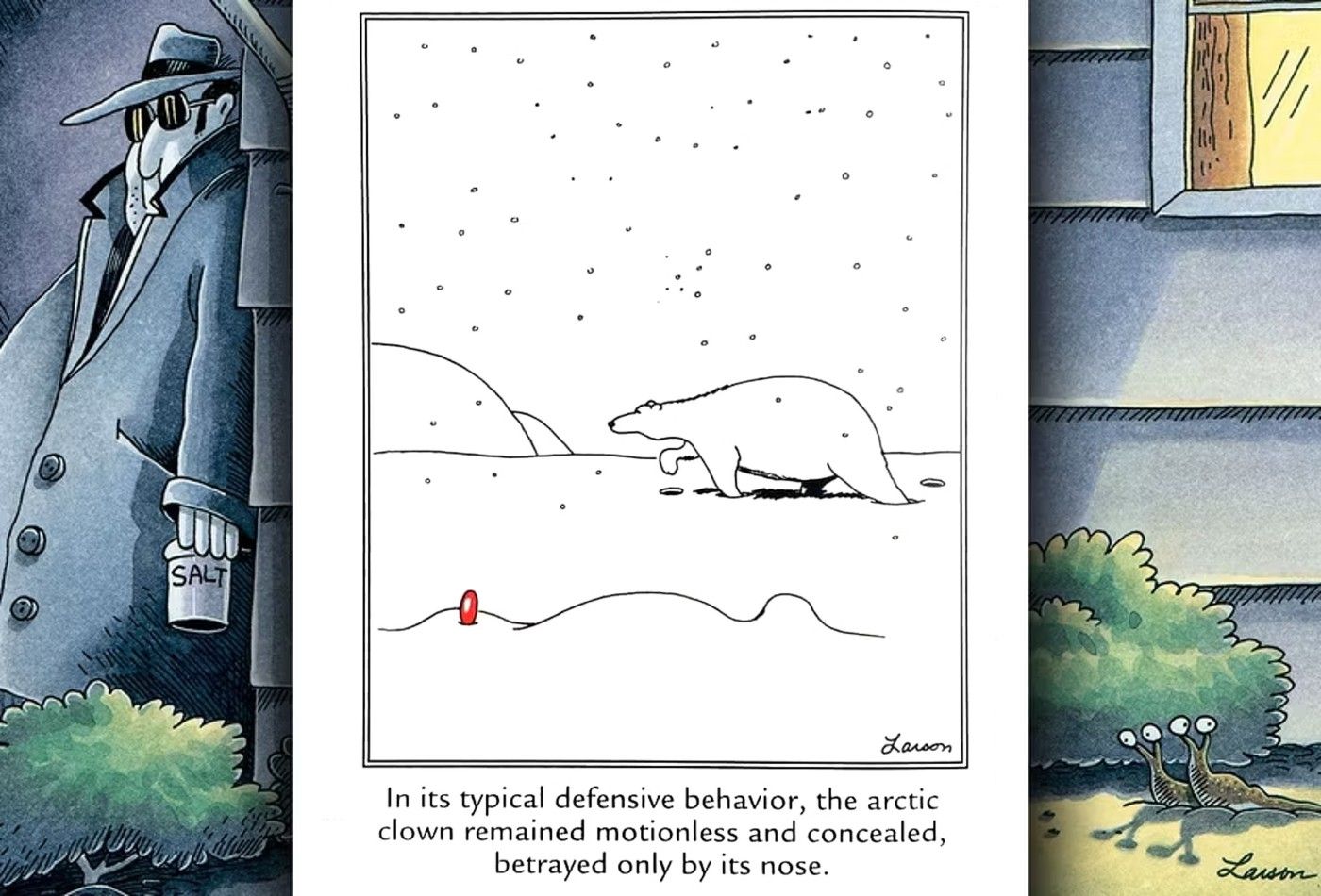 FAR SIDE COMIC ABOUT A CLOWN HIDING FROM A POLAR BEAR