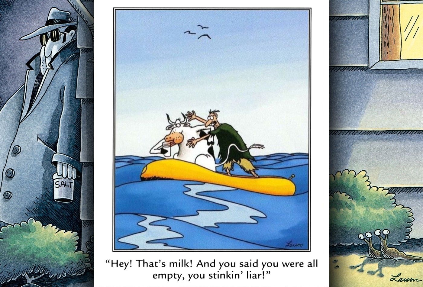 far side comic about a man and a cow on a life raft